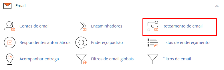Tela do cPanel mostrando a busca por 'Roteamento de E-mail' na seção Email.