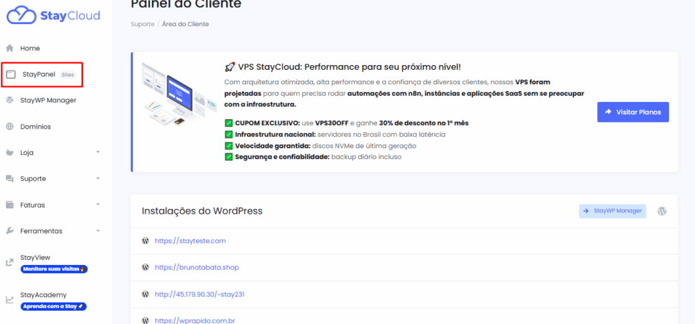 Imagem ilustrativa do Painel do Cliente StayCloud, mostrando o StayPanel no menu lateral.