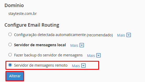 Tela de Roteamento de E-mail mostrando a seleção do domínio stayteste.com.br.