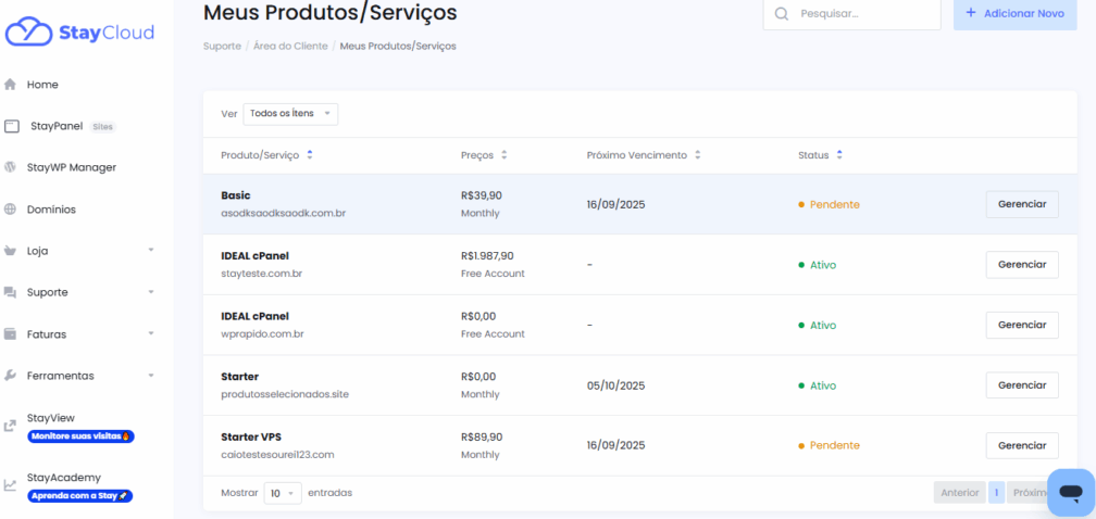Imagem ilustrativa da tela Meus Produtos/Serviços StayCloud, mostrando o botão Gerenciar ao lado de um plano de hospedagem.