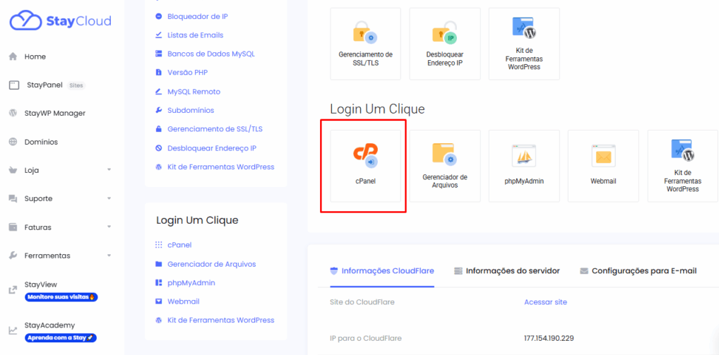 Imagem ilustrativa da tela Login Um Clique, mostrando o ícone do cPanel.