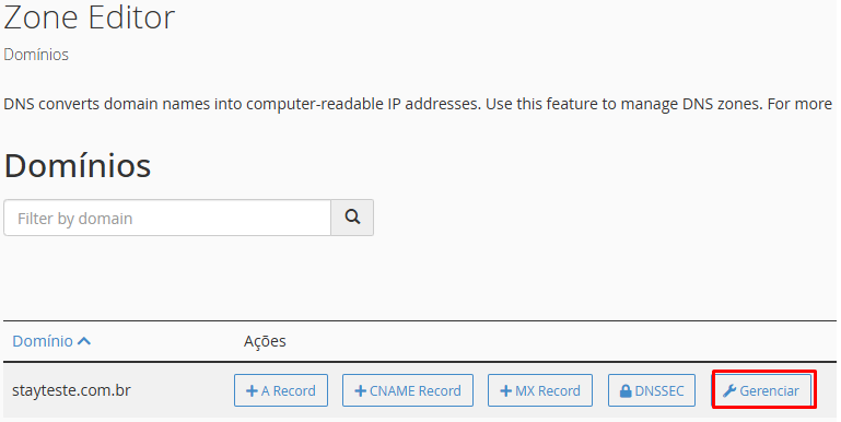 Tela do cPanel mostrando a busca pelo Zone Editor na seção Domínios.