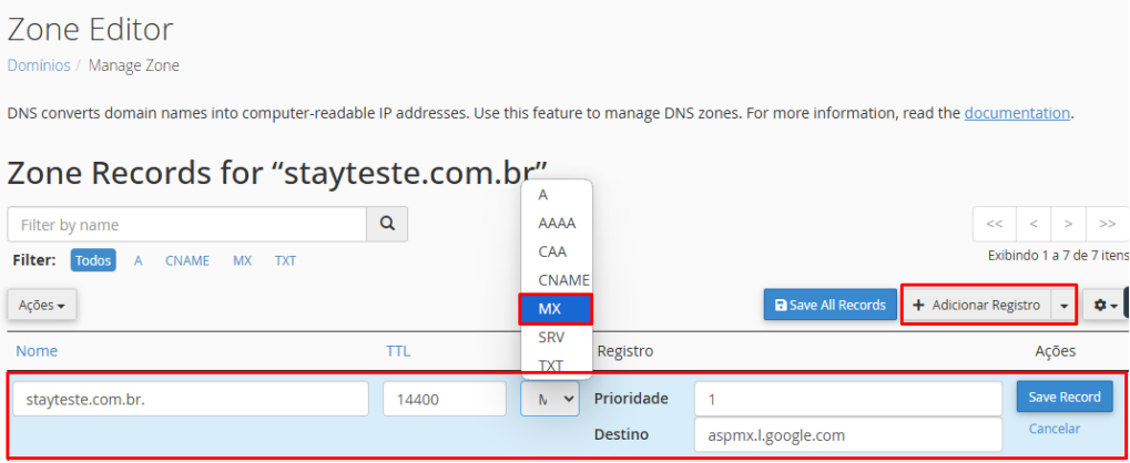 Tela do Zone Editor, mostrando o botão Gerenciar ao lado do domínio stayteste.com.br.
