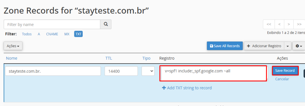 Tela do Zone Editor após adicionar um registro MX, mostrando o resultado da entrada na lista.