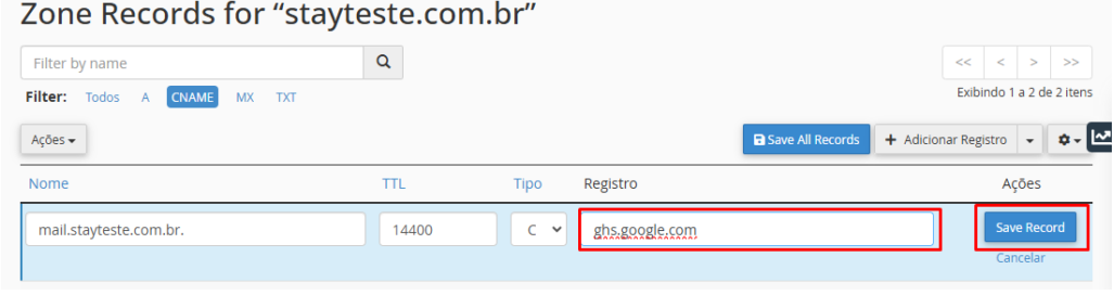 Tela do Zone Editor mostrando a adição de um Registro CNAME.