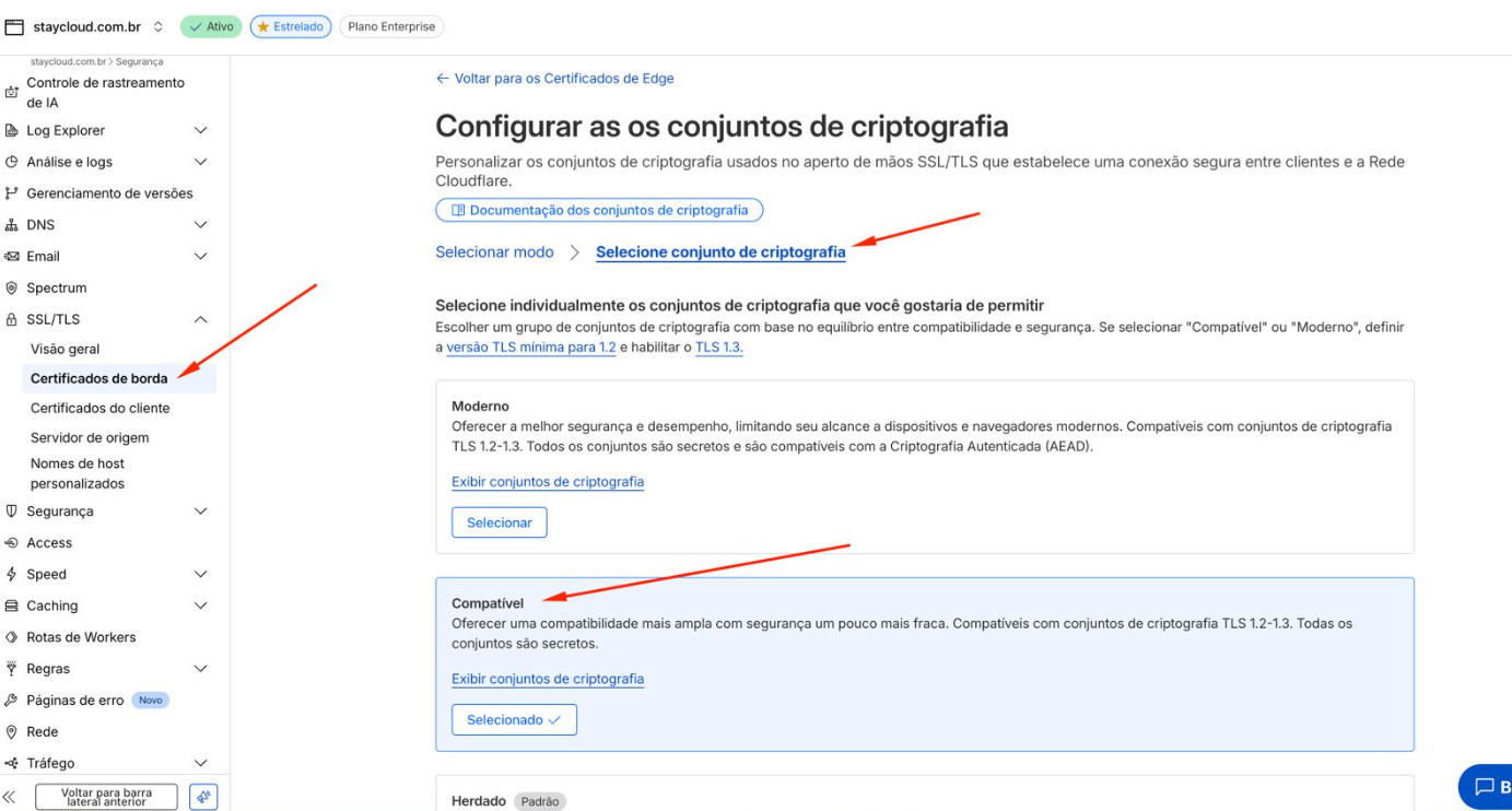 Acessando o menu de Certificados de Borda na Cloudflare