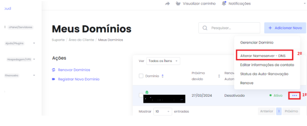 Como Alterar os Nameservers DNS - Selecionando a opção no menu 'Meus Domínios'.