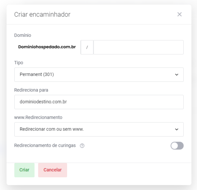 Configurando os campos para o Redirecionamento de Domínio no StayPanel.