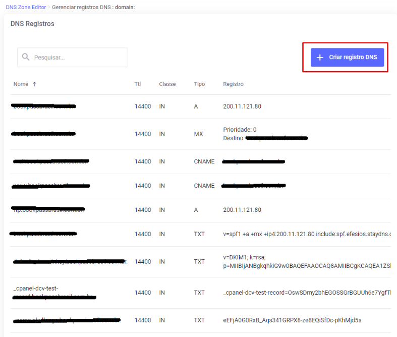 Criação de Registro DNS no StayPanel - Clicando em Criar registro DNS.