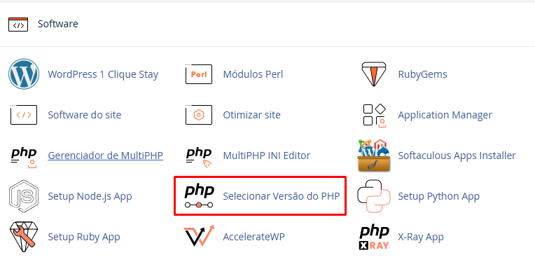 Acessando o menu Select PHP Version no cPanel para ajustar o Memory Limit