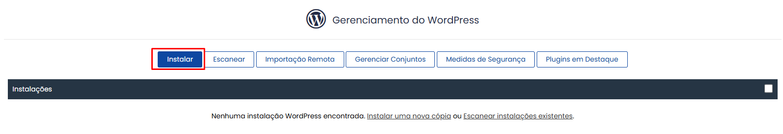 Clicando no botão Install para iniciar a instalação do WordPress