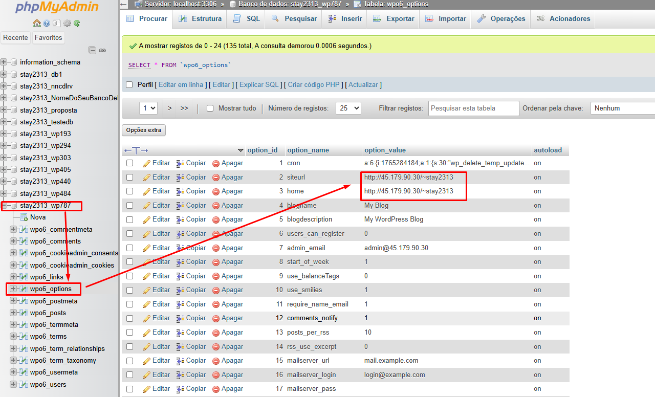 Localizando as linhas siteurl e home na tabela wp_options