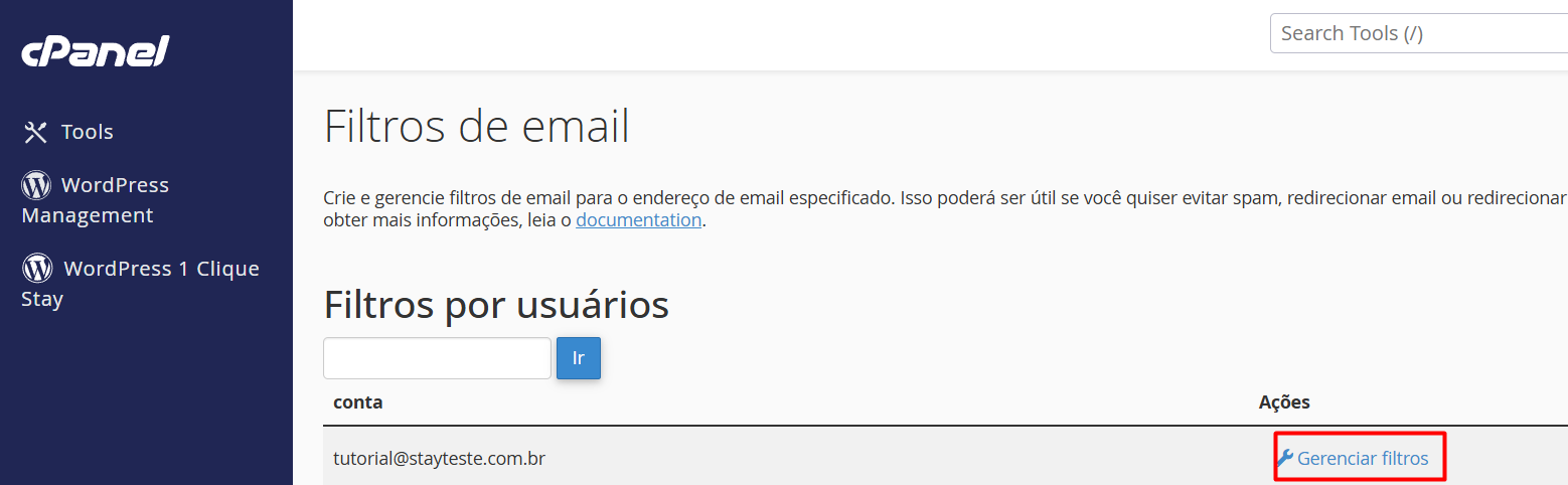 Selecionando a conta específica no guia de como criar filtros de e-mail