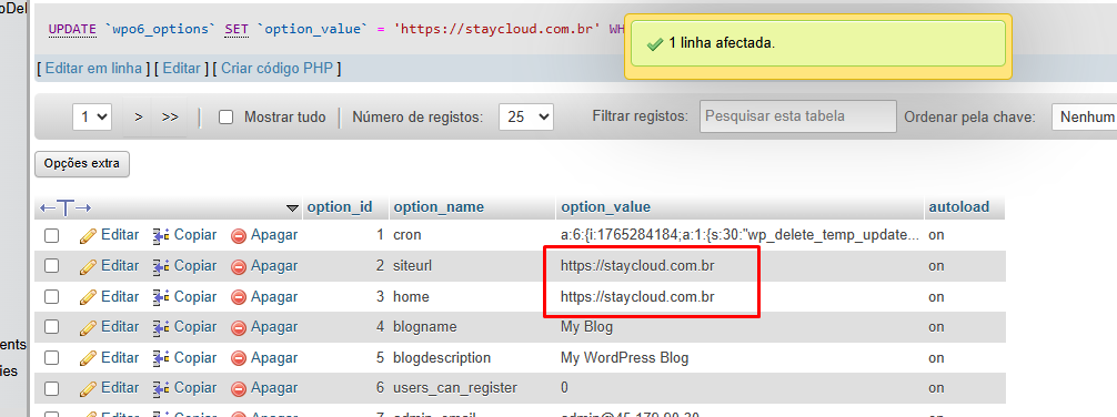 Editando a URL no banco de dados para mudar domínio temporário para o real