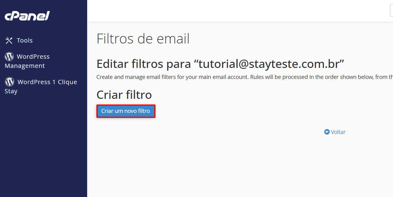 Passo a passo de como criar filtros de e-mail clicando em criar novo