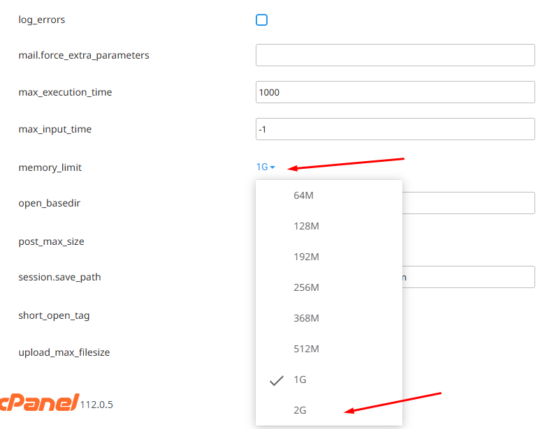 Selecionando o novo valor de Memory Limit no menu suspenso