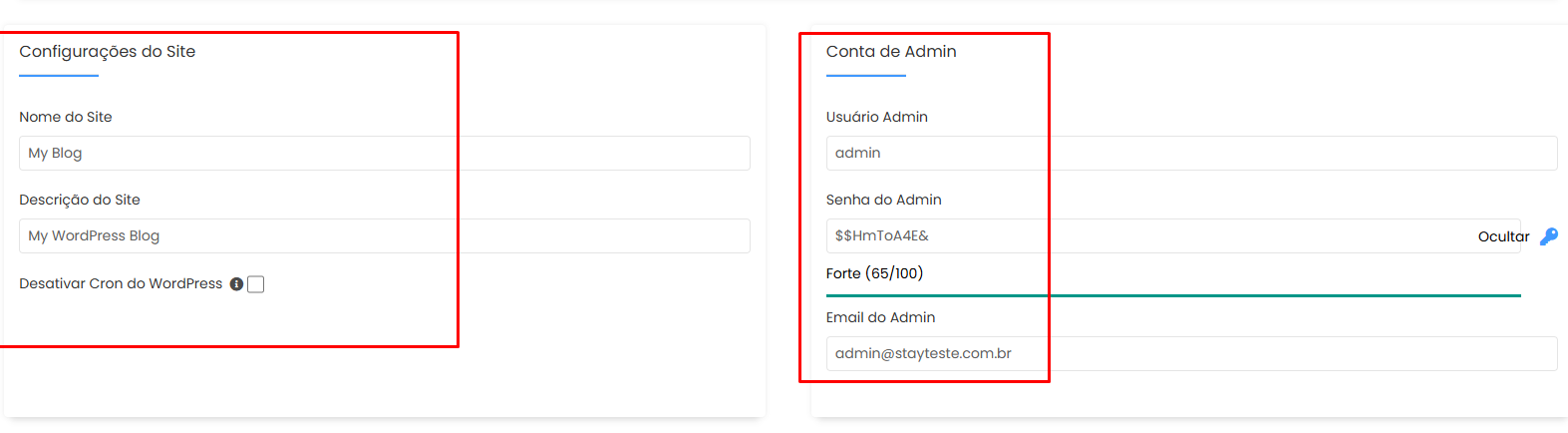 Preenchendo os dados da conta de administrador do WordPress