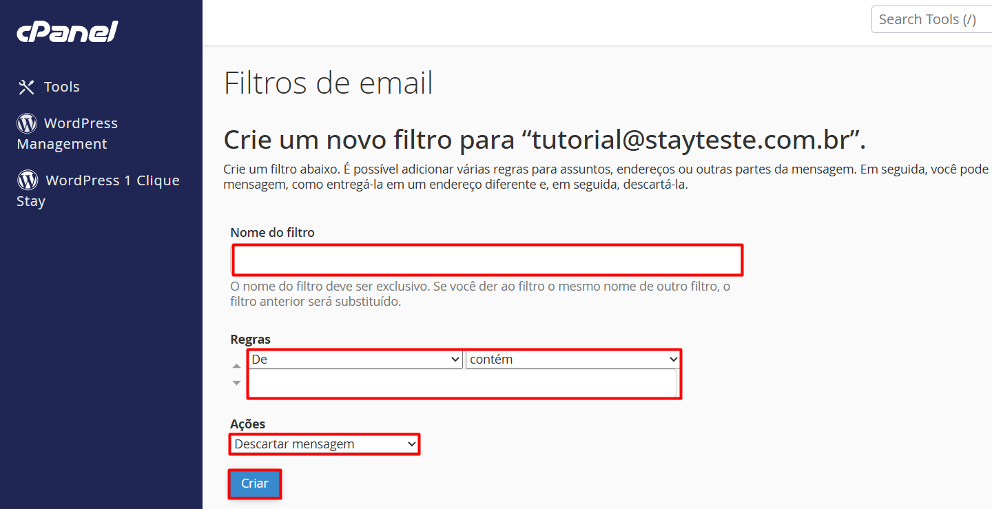 Definindo as regras e ações no tutorial de como criar filtros de e-mail