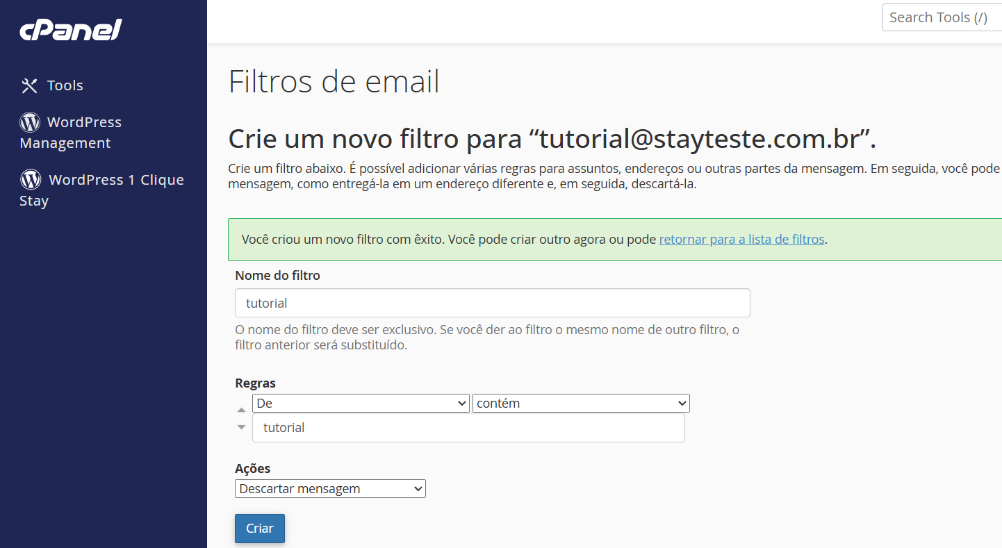 Filtro ativado com sucesso no guia como criar filtros de e-mail