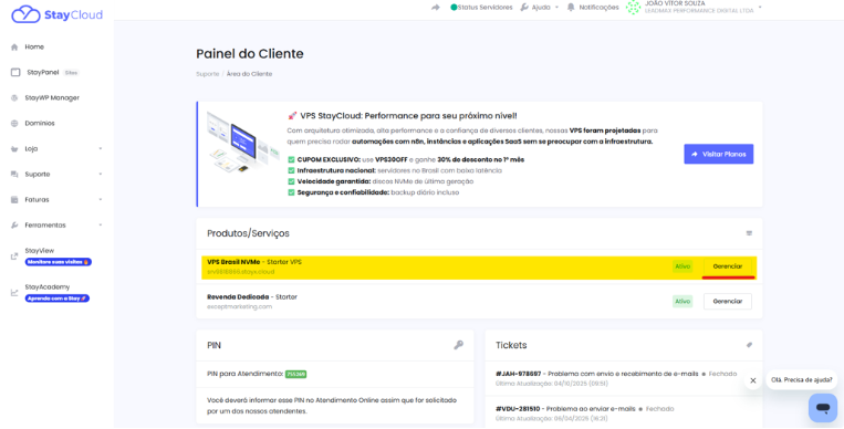 Rebuild de VPS no Painel do Cliente - Acessando o Menu de Produtos