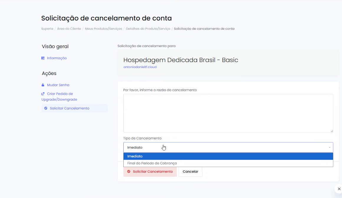 Tela de confirmação de cancelamento e escolha de período