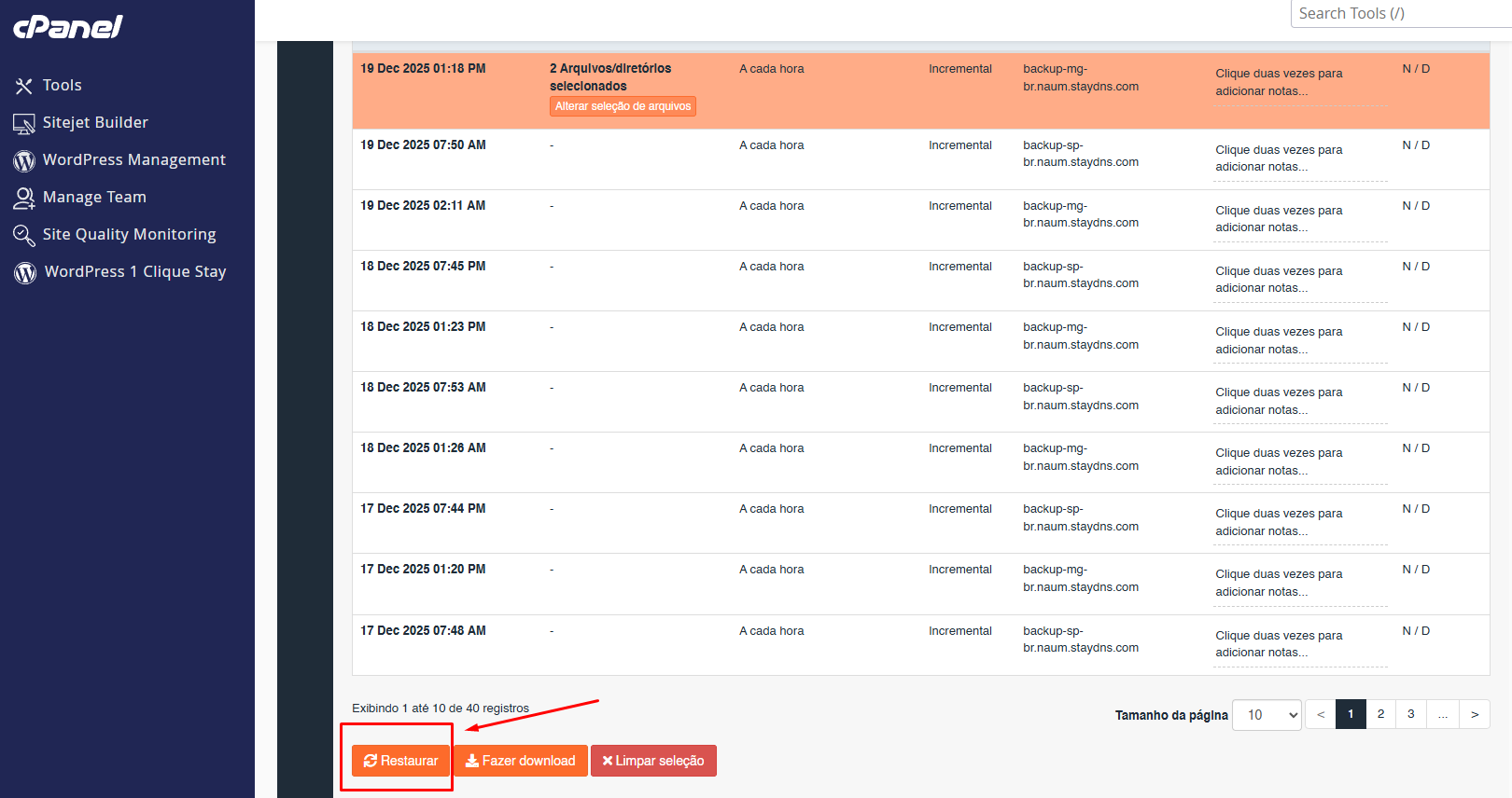Botão de restauração do JetBackup para restaurar backup