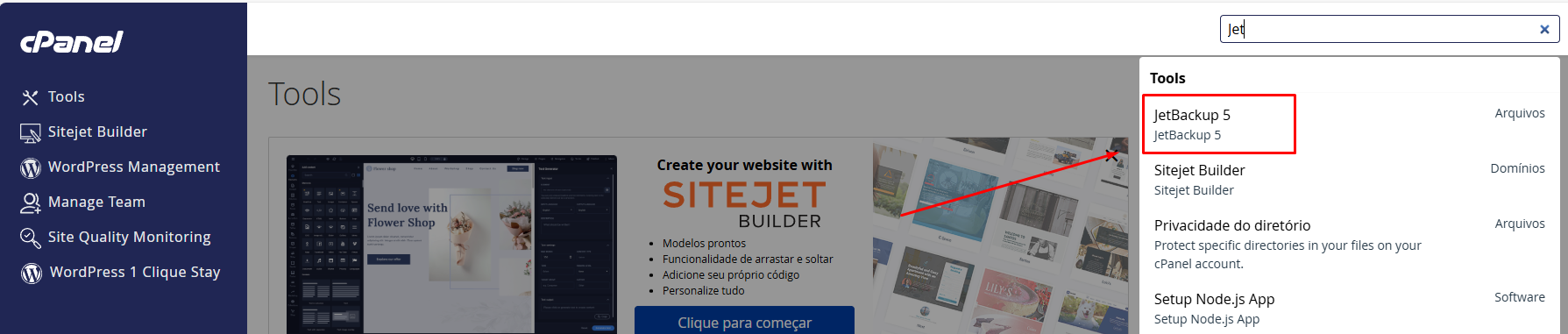 Localizando a ferramenta de backup JetBackup no cPanel da StayCloud