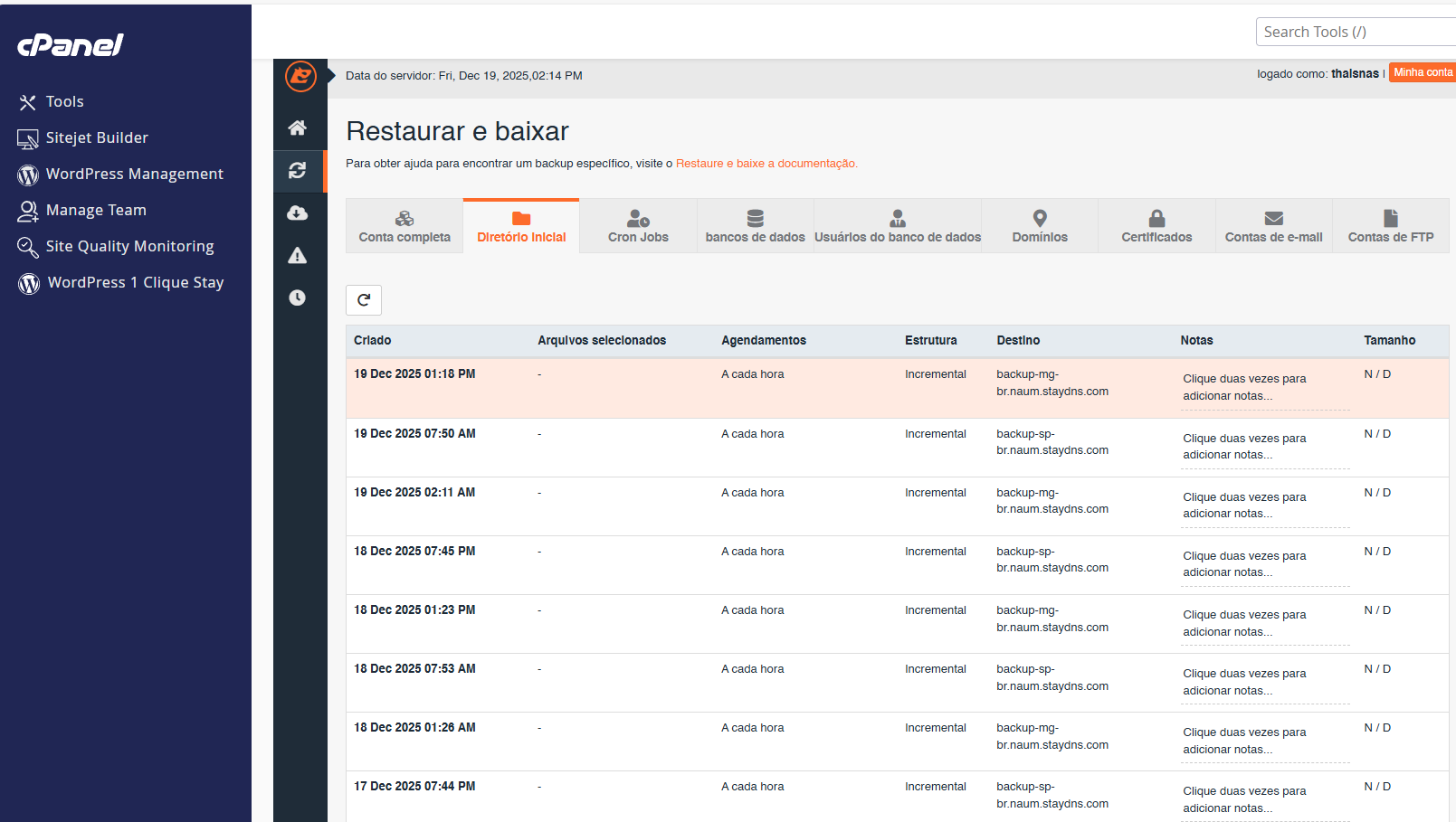 Lista de datas de backup disponíveis para restauração