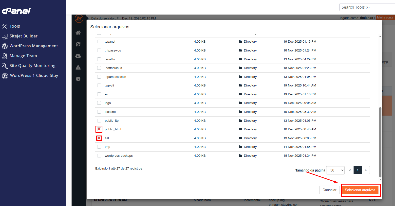 Escolhendo pastas para recuperação de backup