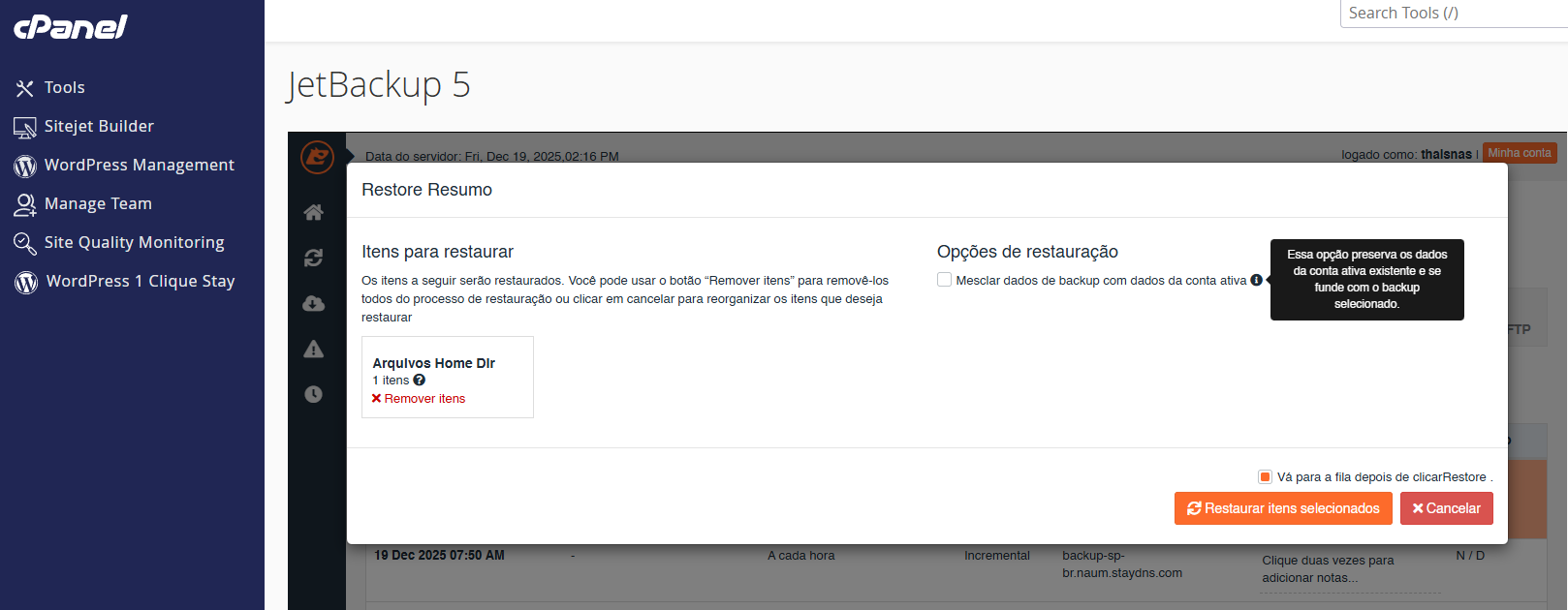 Tela de confirmação de restauração de backup