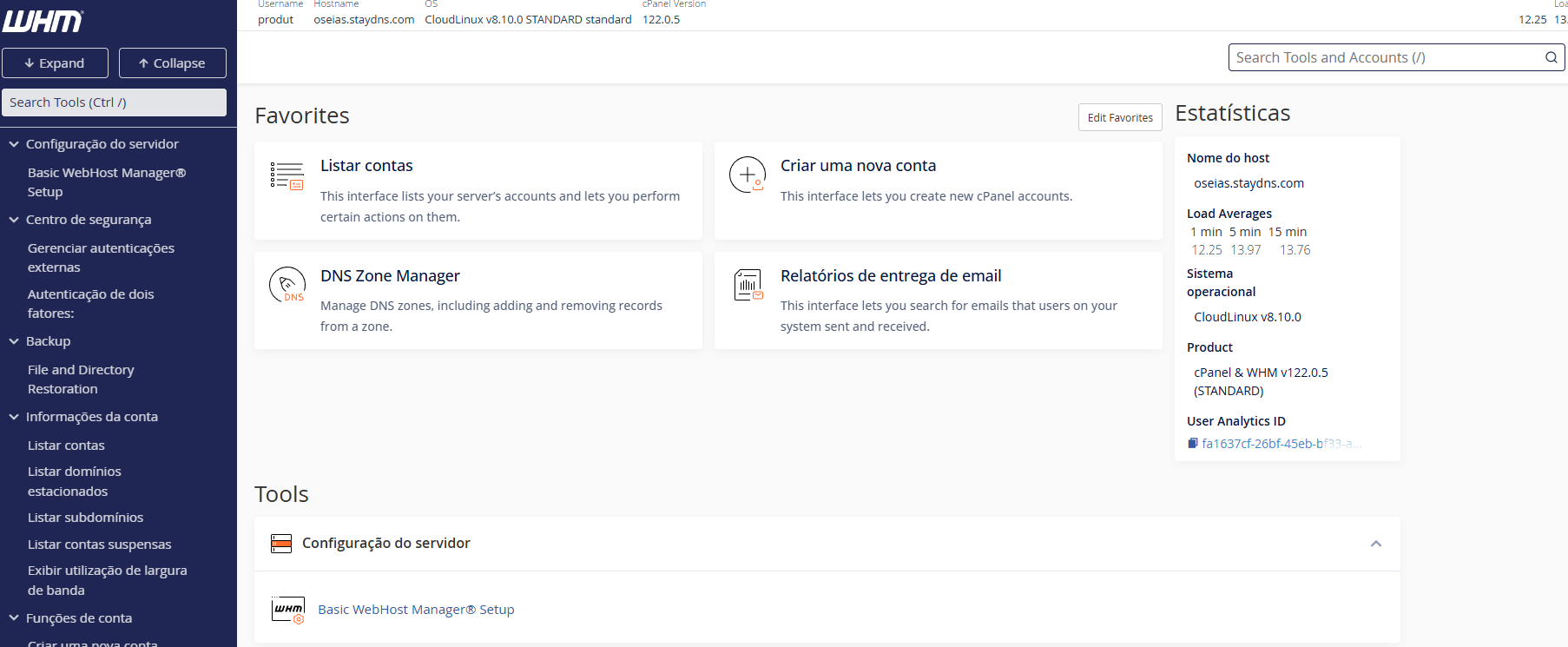 Interface principal do painel WHM na StayCloud