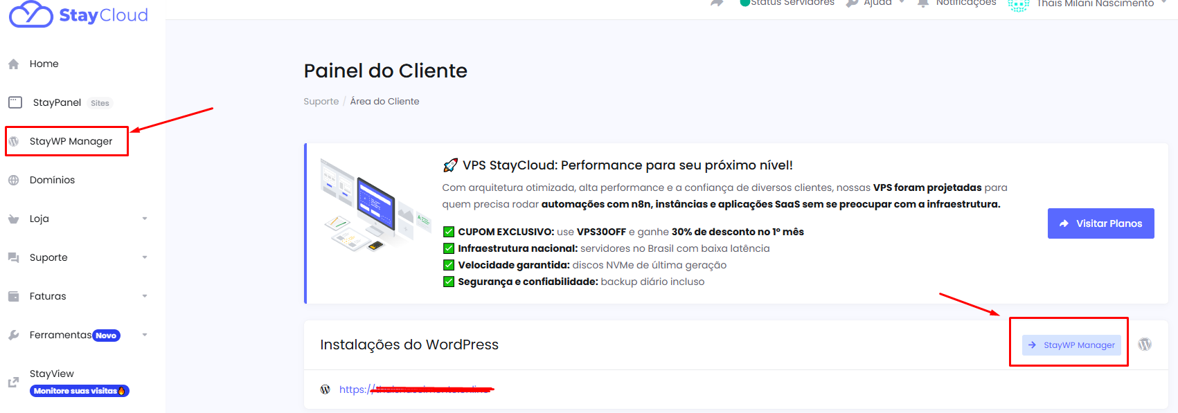Botões para acessar WordPress no Painel StayCloud