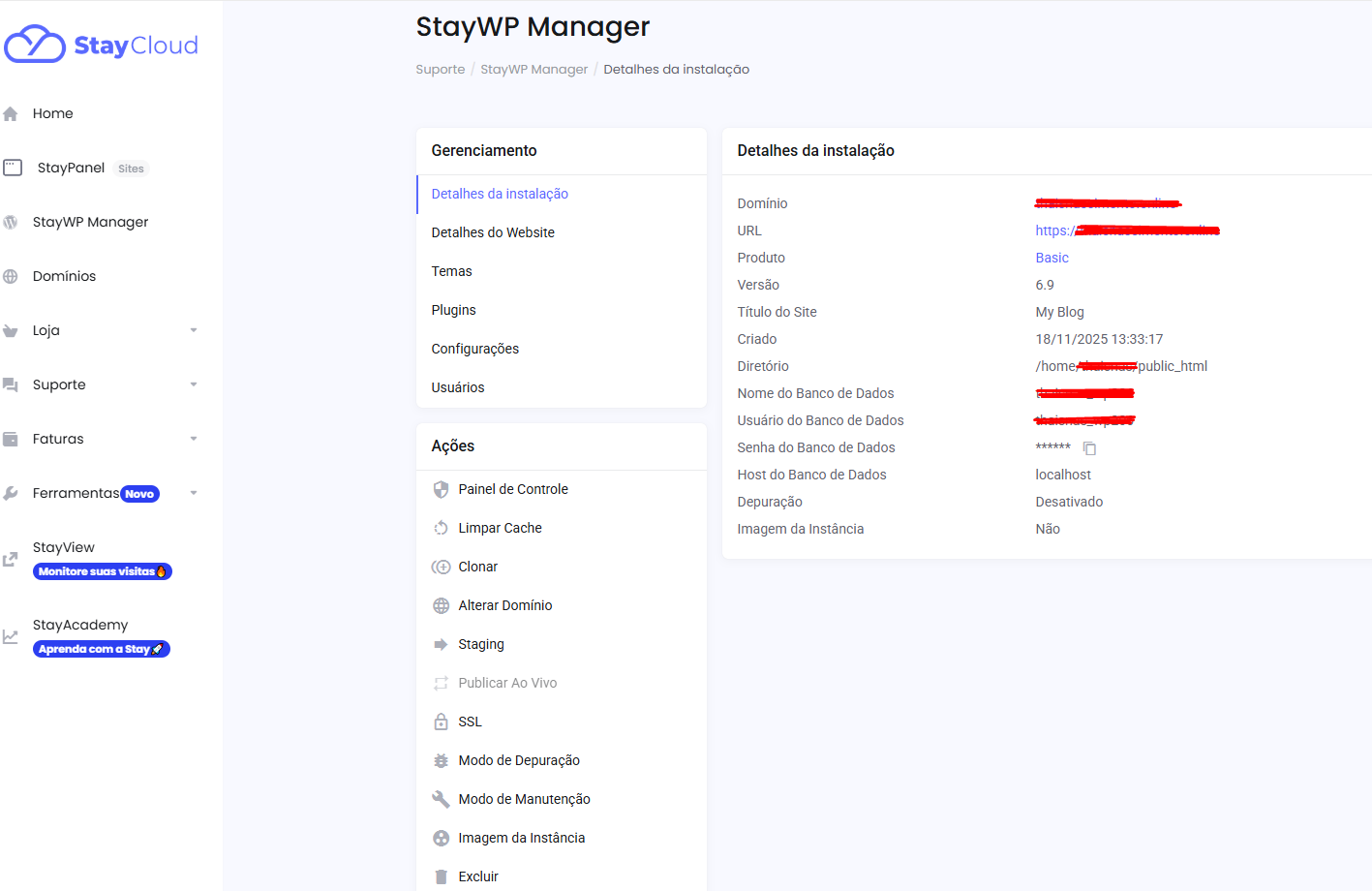Tela de gerenciamento antes de acessar WordPress