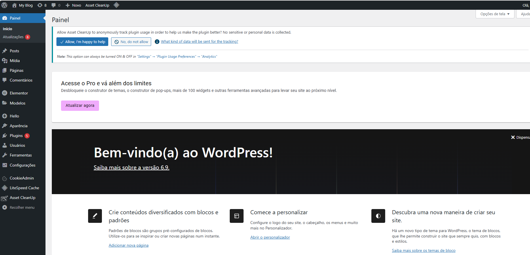 Dashboard após acessar WordPress