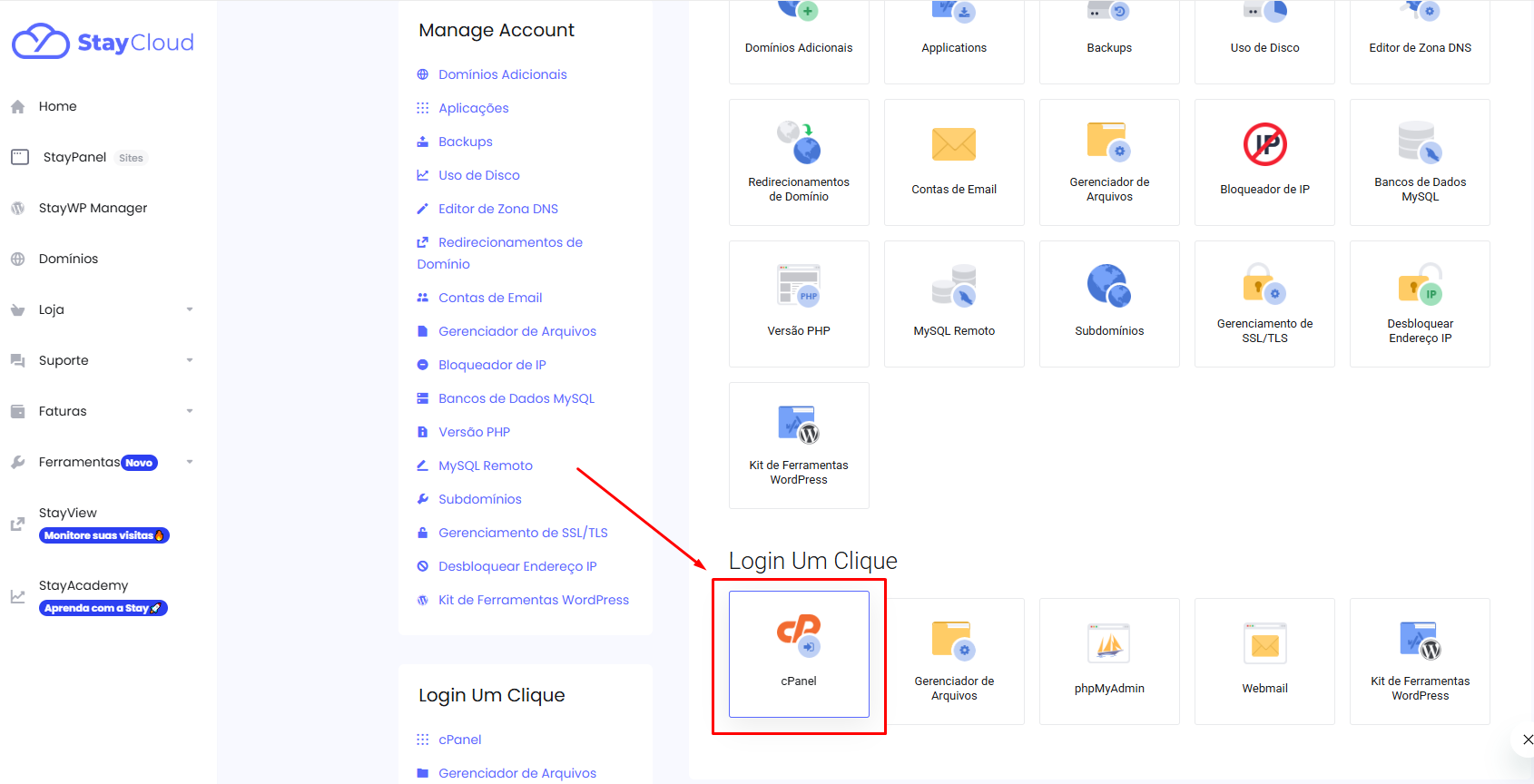 Link cPanel para acessar WordPress