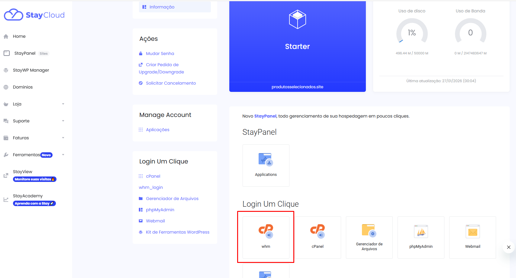 Botão de acesso rápido ao WHM