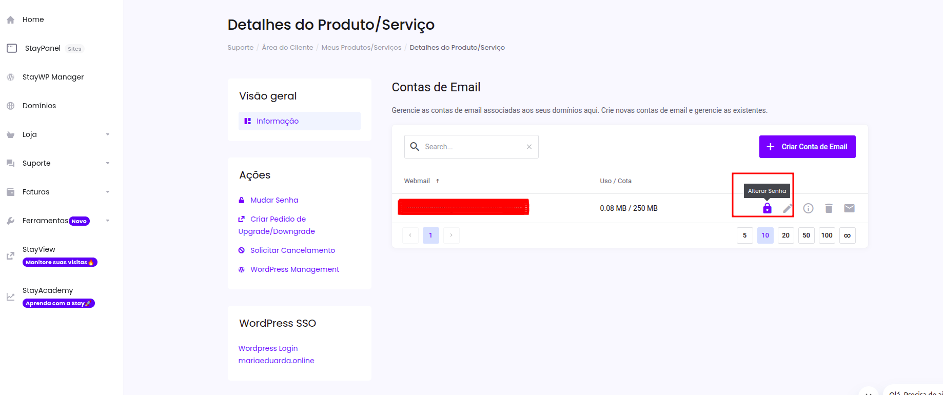 Barra de ferramentas para alterar senha de e-mail e gerenciar conta StayCloud