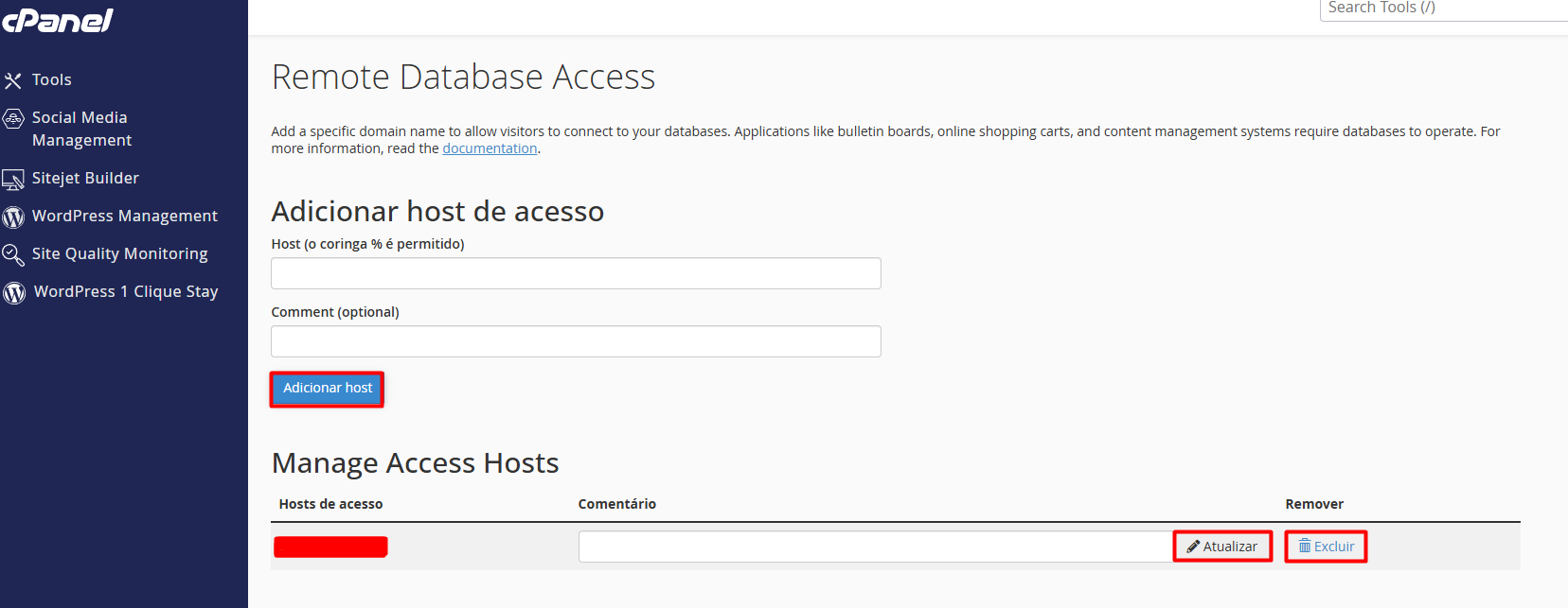 Confirmando a adição do IP para acesso remoto ao MySQL no cPanel