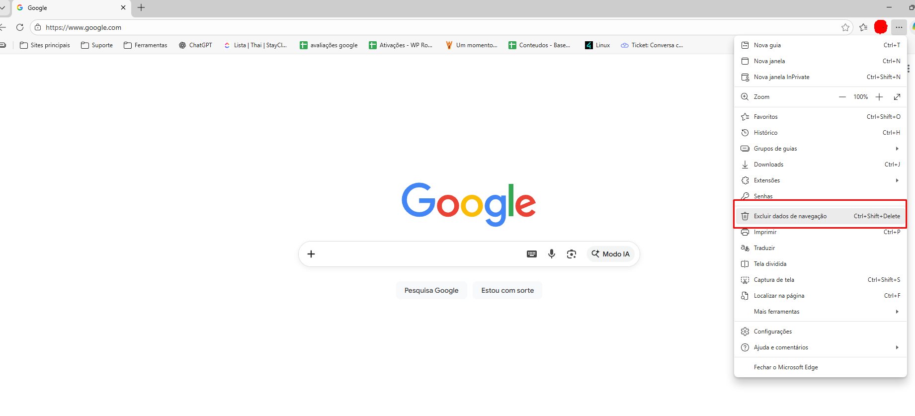 Menu de configurações do Microsoft Edge
