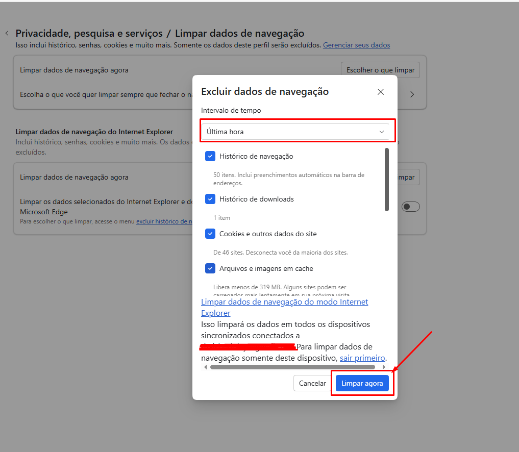 Janela de seleção de dados para limpar cache do navegador Edge