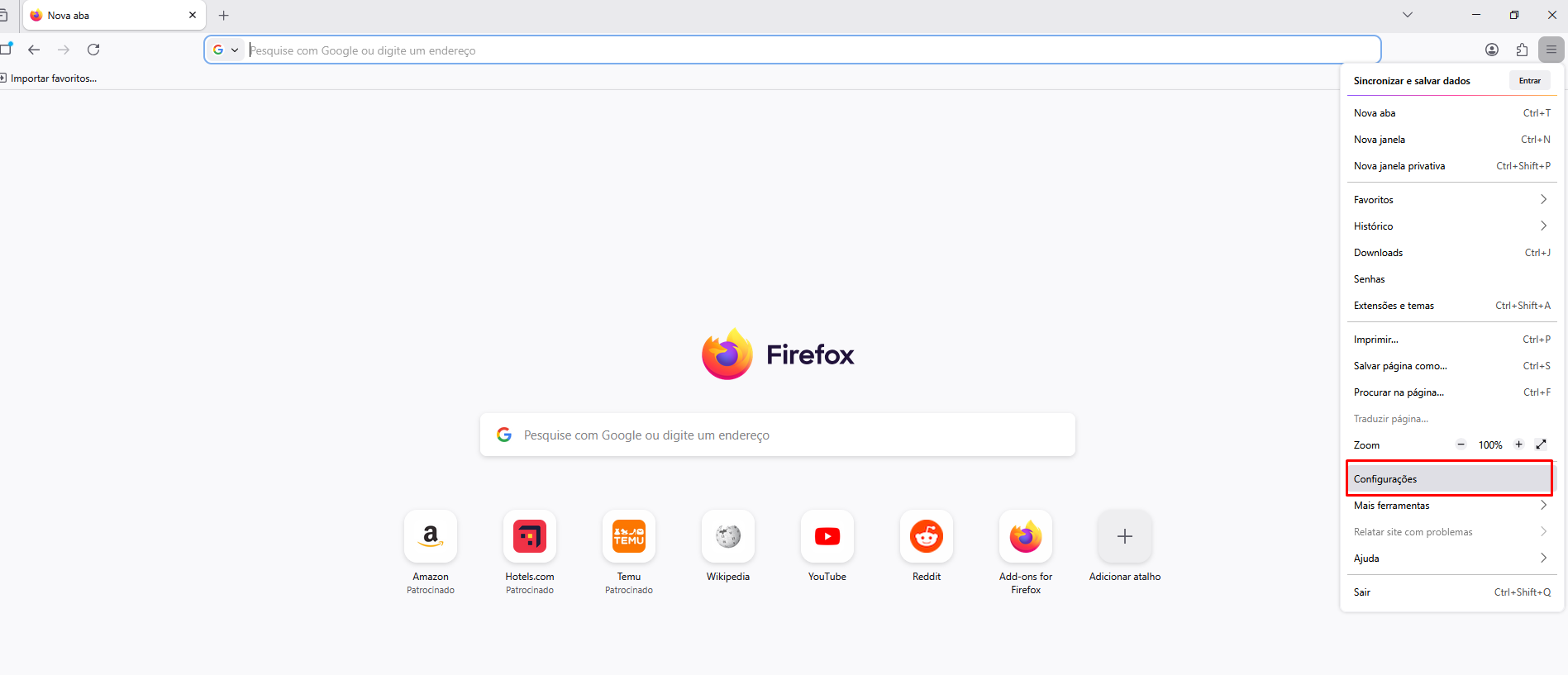Menu principal do Mozilla Firefox