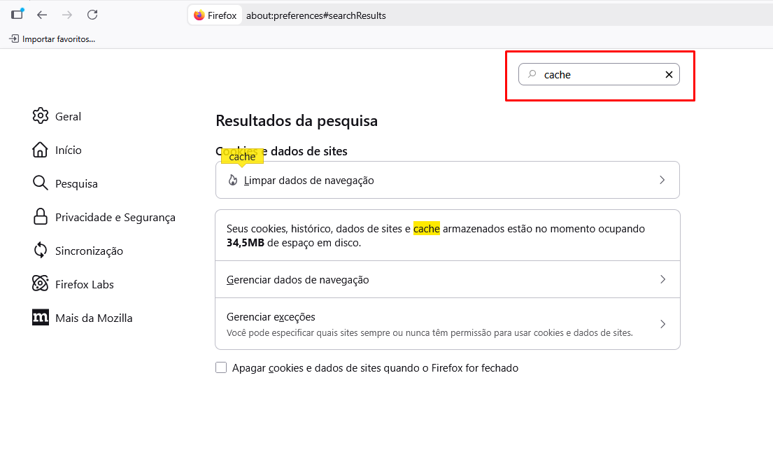 Seção de privacidade para limpar cache do navegador Firefox