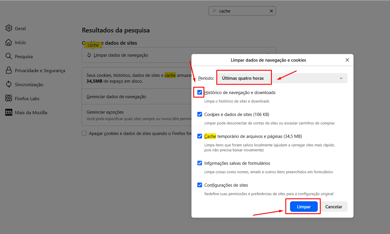 Confirmando a exclusão do cache no Firefox