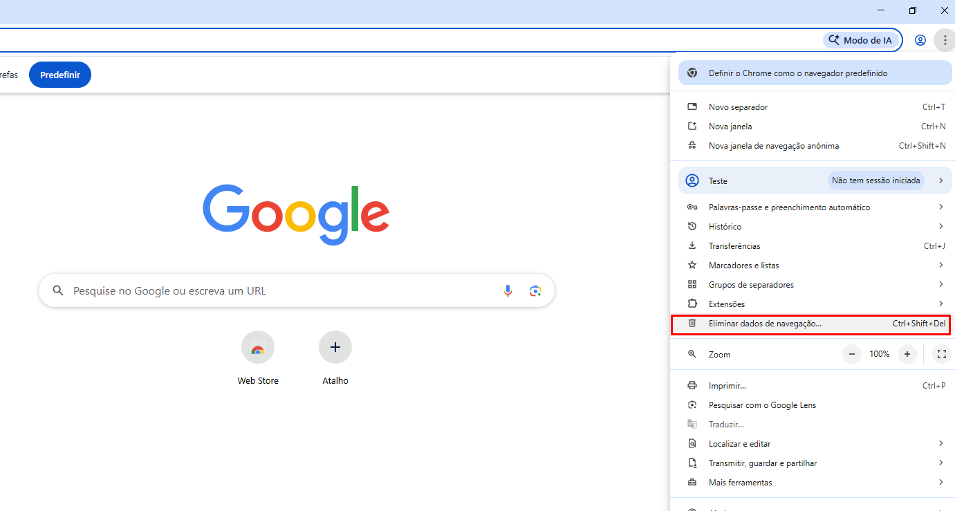 Menu do Google Chrome para limpar cache do navegador