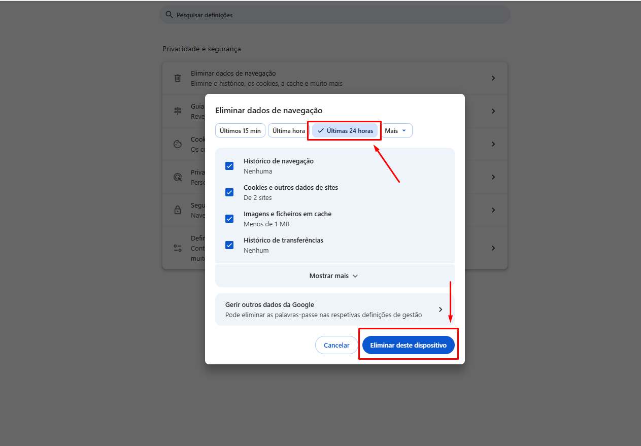 Janela de confirmação para limpar cache do navegador Chrome