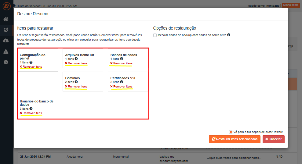 Personalizando itens para restaurar no JetBackup 5
