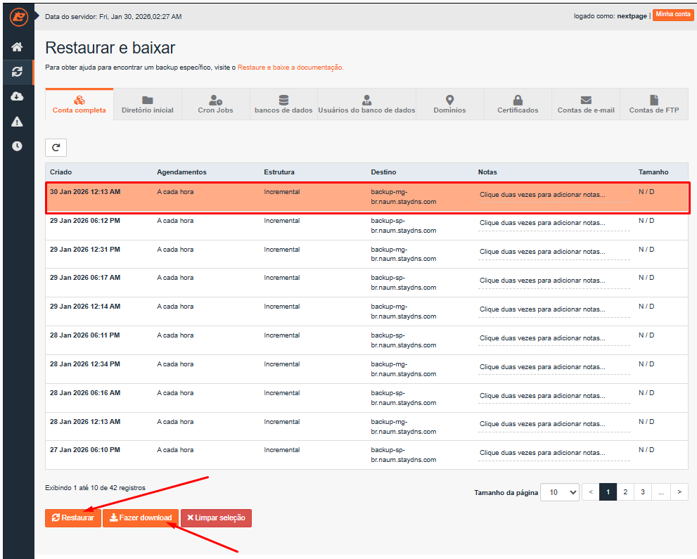 Opções de ação para restaurar ou baixar backup