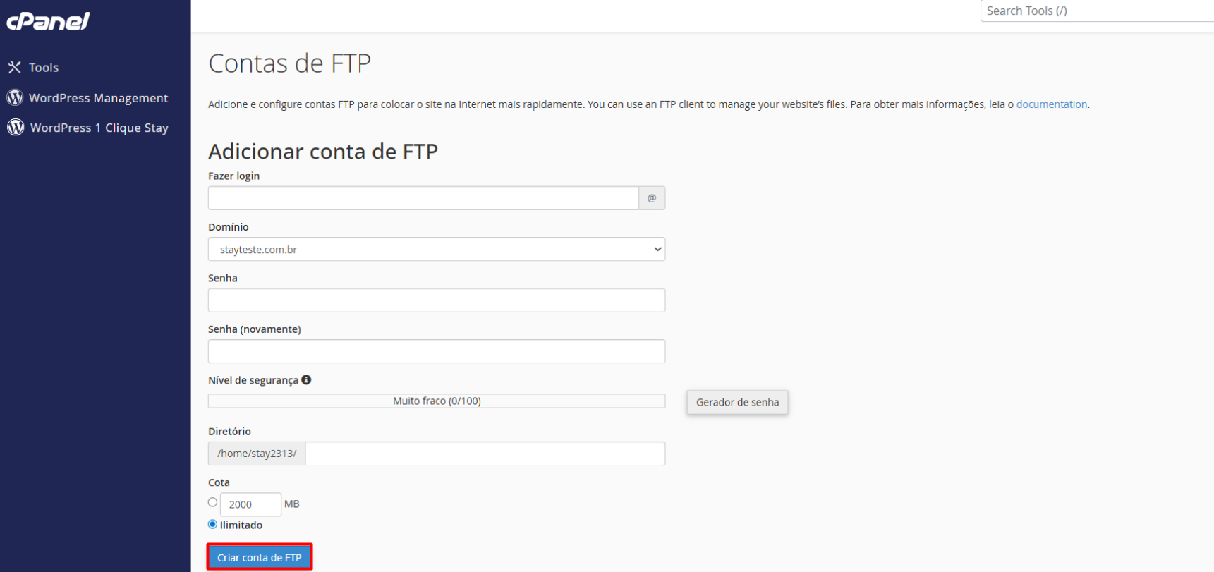 Preenchendo campos de Como criar contas FTP