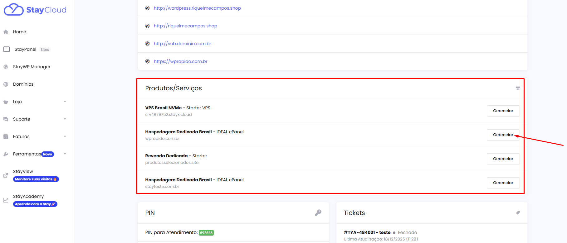 Como encontrar dados do servidor na StayCloud gerindo produtos