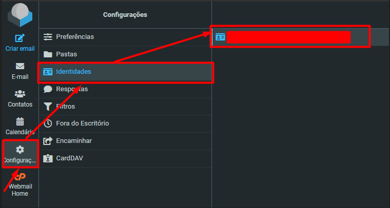 Acessando o menu de configurações e identidades no Webmail para assinatura automática no Webmail